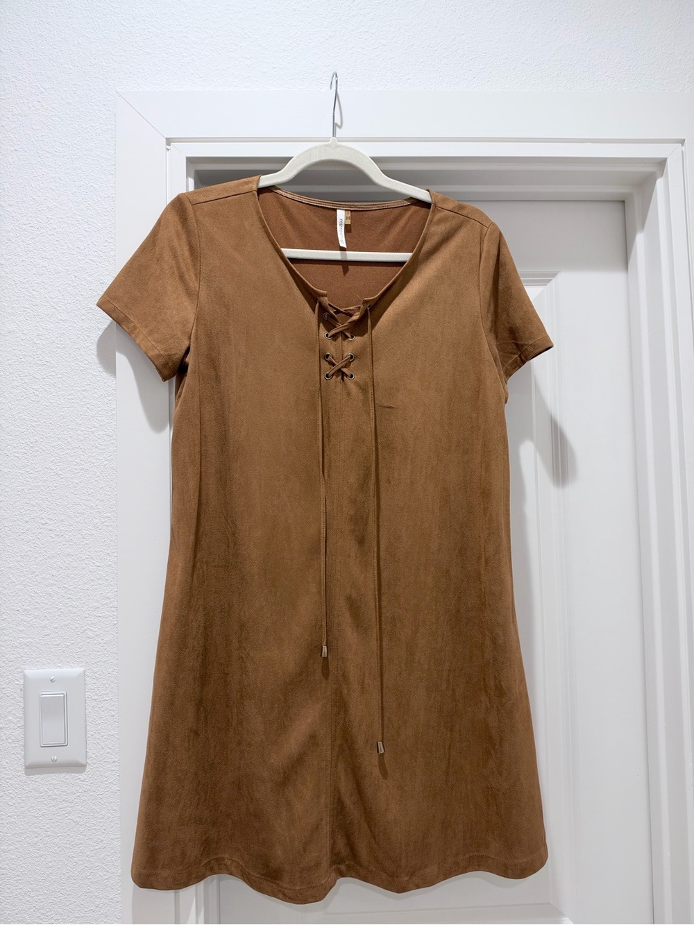 Short sleeve suede tie front mini dress NWOT